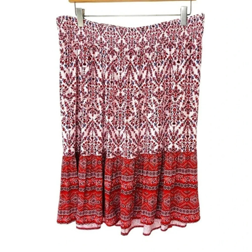 St John's Bay L elastic‎ waist red & white boho print pull on skirt